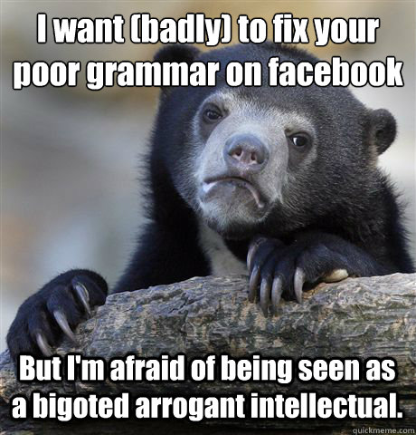 I want (badly) to fix your poor grammar on facebook
 But I'm afraid of being seen as a bigoted arrogant intellectual. - I want (badly) to fix your poor grammar on facebook
 But I'm afraid of being seen as a bigoted arrogant intellectual.  Confession Bear