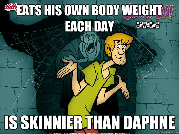 Eats his own body weight each day Is skinnier than Daphne  Irrational Shaggy