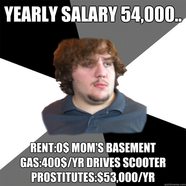 Yearly Salary 54,000.. rent:0$ Mom's basement
Gas:400$/yr drives scooter
Prostitutes:$53,000/yr  Family Tech Support Guy