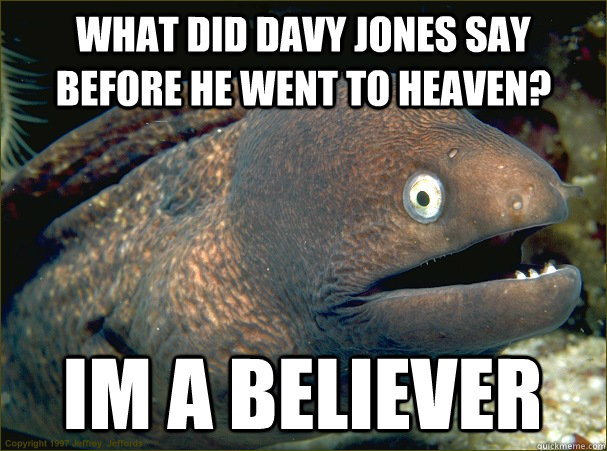 what did davy jones say before he went to heaven? im a believer - what did davy jones say before he went to heaven? im a believer  Bad Joke Eel