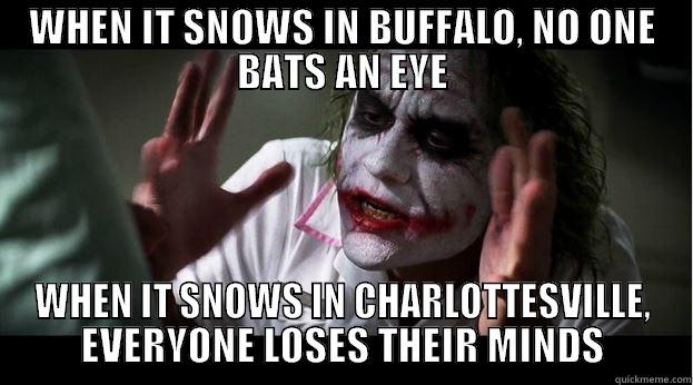 WHEN IT SNOWS IN BUFFALO, NO ONE BATS AN EYE WHEN IT SNOWS IN CHARLOTTESVILLE, EVERYONE LOSES THEIR MINDS Joker Mind Loss