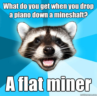 What do you get when you drop a piano down a mineshaft? A flat miner  Lame Pun Coon