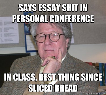 Says essay shit in personal conference in class, best thing since sliced bread  Humanities Professor