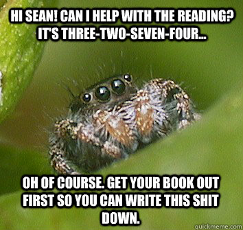 Hi Sean! Can I help with the reading? It's three-two-seven-four... Oh of course. Get your book out first so you can write this shit down. - Hi Sean! Can I help with the reading? It's three-two-seven-four... Oh of course. Get your book out first so you can write this shit down.  Misunderstood Spider