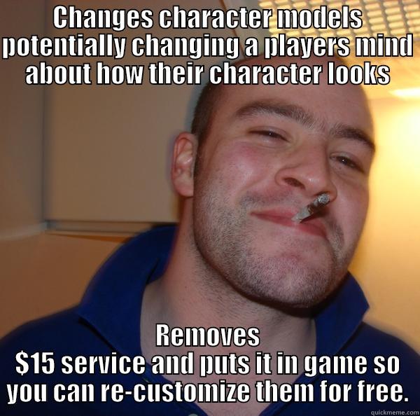 CHANGES CHARACTER MODELS POTENTIALLY CHANGING A PLAYERS MIND ABOUT HOW THEIR CHARACTER LOOKS REMOVES $15 SERVICE AND PUTS IT IN GAME SO YOU CAN RE-CUSTOMIZE THEM FOR FREE. Good Guy Greg 