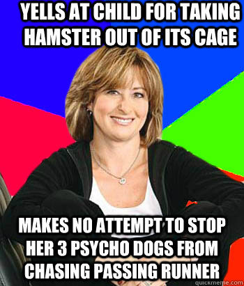 Yells at child for taking hamster out of its cage Makes no attempt to stop her 3 psycho dogs from chasing passing runner  Sheltering Suburban Mom