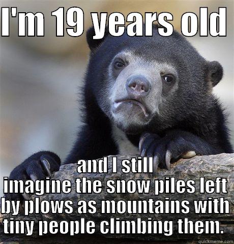 I'M 19 YEARS OLD  AND I STILL IMAGINE THE SNOW PILES LEFT BY PLOWS AS MOUNTAINS WITH TINY PEOPLE CLIMBING THEM.  Confession Bear