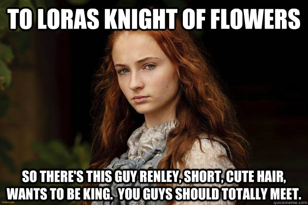 TO Loras knight of flowers So there's this guy Renley, short, cute hair, wants to be king.  You guys should totally meet.  