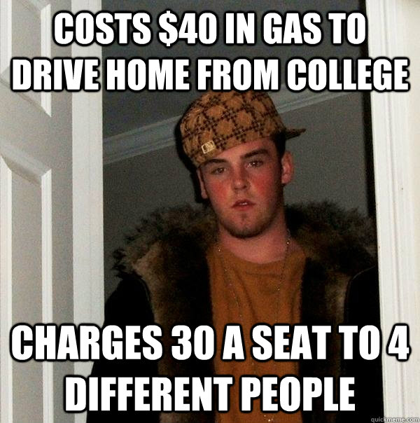 Costs $40 in gas to drive home from college Charges 30 a seat to 4 different people  Scumbag Steve