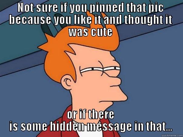 NOT SURE IF YOU PINNED THAT PIC BECAUSE YOU LIKE IT AND THOUGHT IT WAS CUTE OR IF THERE IS SOME HIDDEN MESSAGE IN THAT... Futurama Fry