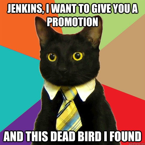 Jenkins, I want to give you a promotion and this dead bird I found  Business Cat