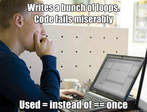 Writes a bunch of loops.
Code fails miserably Used = instead of == once  Programmer