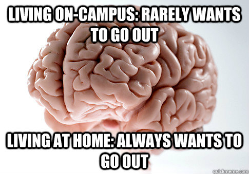 living on-campus: rarely wants to go out living at home: always wants to go out  Scumbag Brain