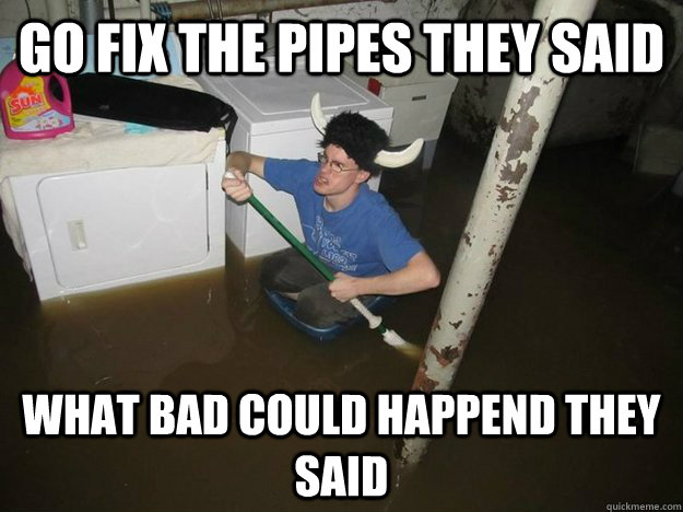 Go fix the pipes they said What bad could happend they said  Do the laundry they said