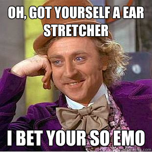 Oh, got yourself a ear stretcher  I bet your so emo   Condescending Wonka