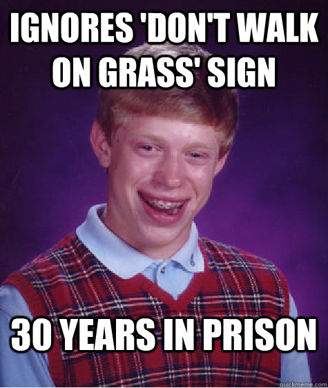 Ignores 'Don't walk on grass' sign 30 years in prison   Bad Luck Brian