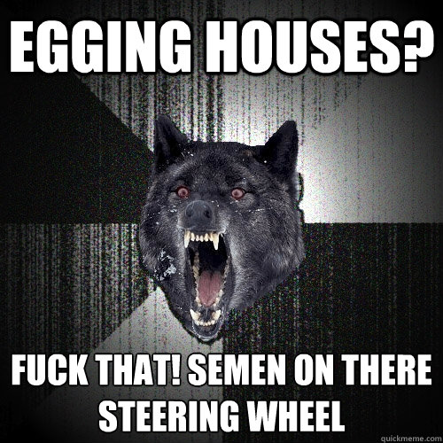 egging houses? fuck that! semen on there steering wheel
  Insanity Wolf