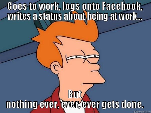 GOES TO WORK, LOGS ONTO FACEBOOK, WRITES A STATUS ABOUT BEING AT WORK... BUT NOTHING EVER, EVER, EVER GETS DONE. Futurama Fry