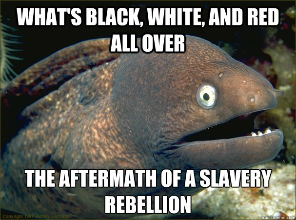 What's black, white, and red all over the aftermath of a slavery rebellion  Bad Joke Eel