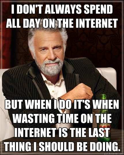 I don't always spend all day on the internet but when I do it's when wasting time on the internet is the last thing i should be doing. - I don't always spend all day on the internet but when I do it's when wasting time on the internet is the last thing i should be doing.  The Most Interesting Man In The World