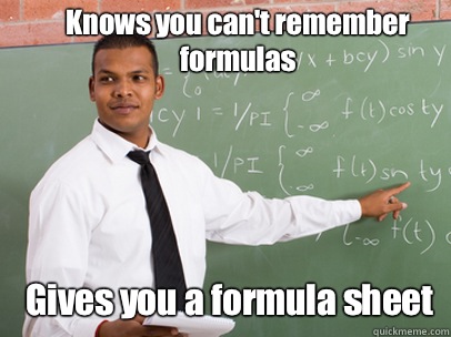 Knows you can't remember formulas  Gives you a formula sheet - Knows you can't remember formulas  Gives you a formula sheet  Good Guy Teacher
