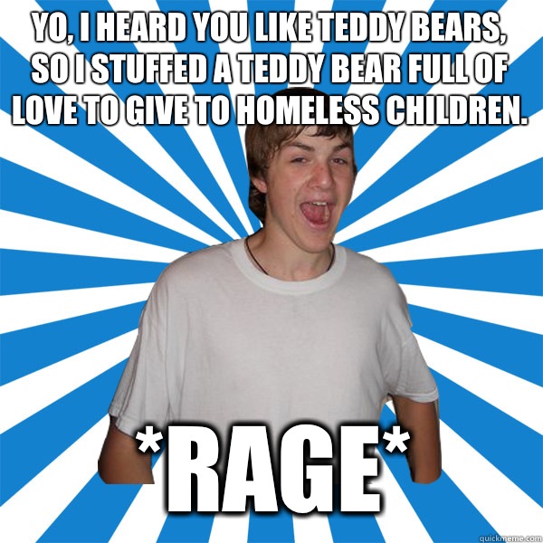 Yo, I heard you like Teddy bears, so I stuffed a teddy bear full of love to give to homeless children. *Rage*  