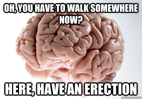 OH, YOU HAVE TO WALK SOMEWHERE NOW? HERE, HAVE AN ERECTION   Scumbag Brain