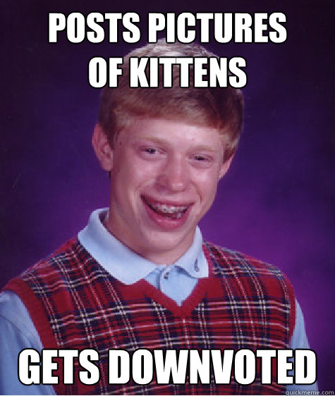 Posts pictures
of kittens Gets downvoted  Bad Luck Brian