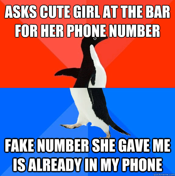 asks cute girl at the bar for her phone number fake number she gave me is already in my phone  Socially Awesome Awkward Penguin