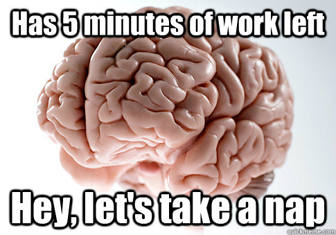 Has 5 minutes of work left Hey, let's take a nap   Scumbag Brain