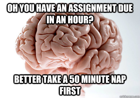 Oh you have an assignment due in an hour? Better take a 50 minute nap first  Scumbag Brain