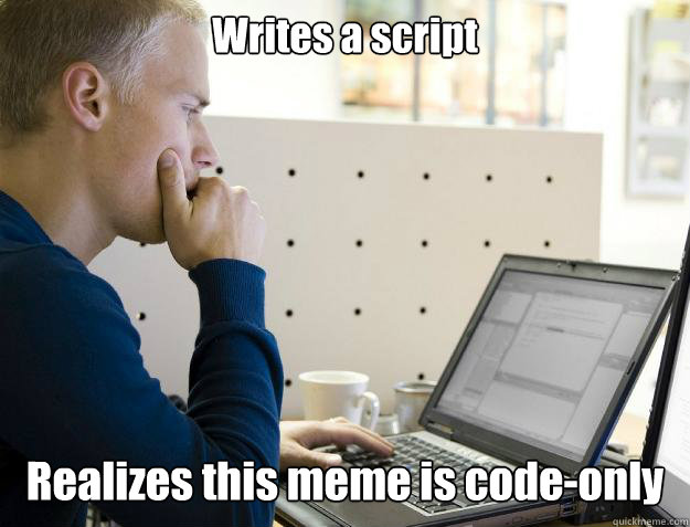 Writes a script Realizes this meme is code-only  Programmer