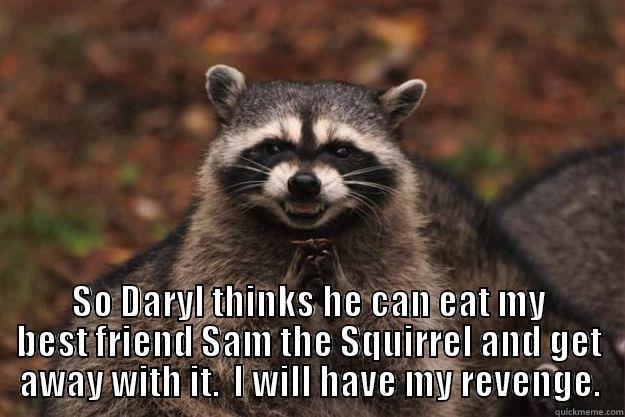  SO DARYL THINKS HE CAN EAT MY BEST FRIEND SAM THE SQUIRREL AND GET AWAY WITH IT.  I WILL HAVE MY REVENGE. Evil Plotting Raccoon