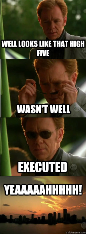 Well looks like that high five wasn't well Executed YEAAAAAHHHHH!  CSI Miami Style