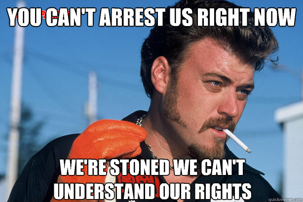 you can't arrest us right now we're stoned we can't understand our rights  Ricky Trailer Park Boys