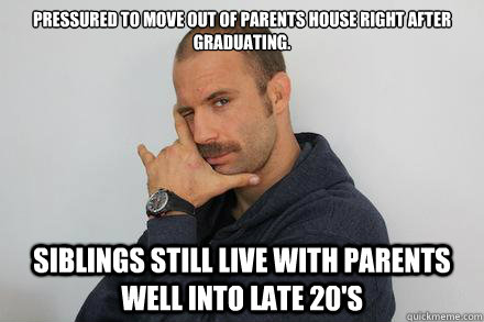 Pressured to move out of parents house right after graduating. Siblings still live with parents well into late 20's - Pressured to move out of parents house right after graduating. Siblings still live with parents well into late 20's  First Child Problems