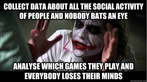 Collect data about all the social activity of people and nobody bats an eye Analyse which Games they play and everybody loses their minds  Joker Mind Loss