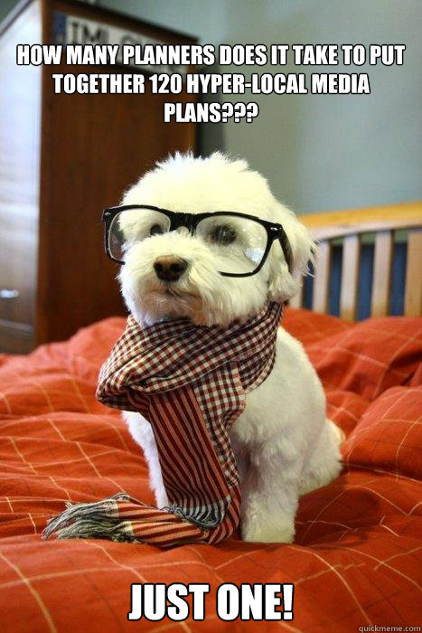 How many planners does it take to put together 120 Hyper-Local media plans??? Just One!  Hipster Dog