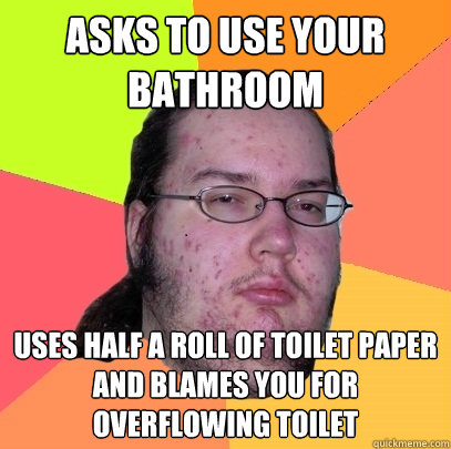 Asks to use your bathroom Uses half a roll of toilet paper and blames you for overflowing toilet  Butthurt Dweller