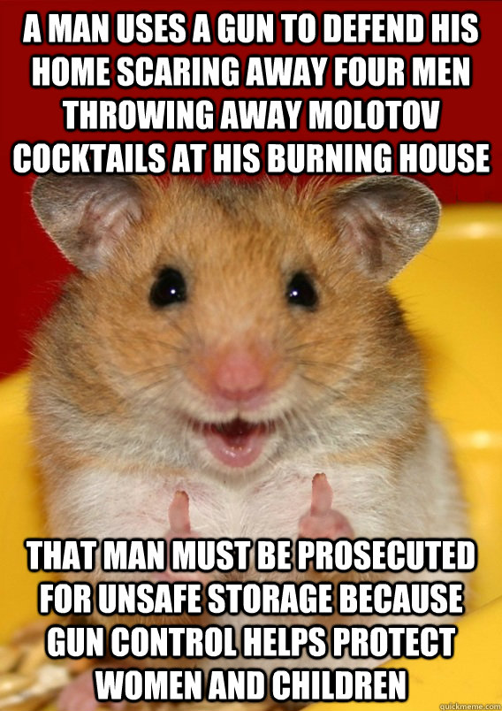 a man uses a gun to defend his home scaring away four men throwing away molotov cocktails at his burning house that man must be prosecuted for unsafe storage because gun control helps protect women and children   Rationalization Hamster