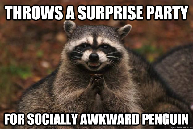 Throws a surprise party  for socially awkward penguin  Evil Plotting Raccoon