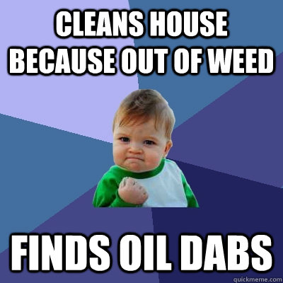 cleans house because out of weed Finds oil dabs  Success Kid