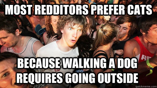 most redditors prefer cats because walking a dog requires going outside  Sudden Clarity Clarence