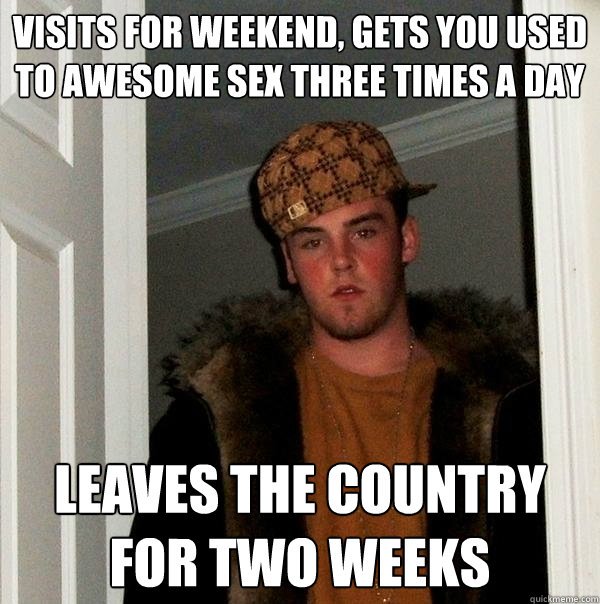 Visits for weekend, Gets you used to awesome sex three times a day Leaves the country for two weeks  Scumbag Steve