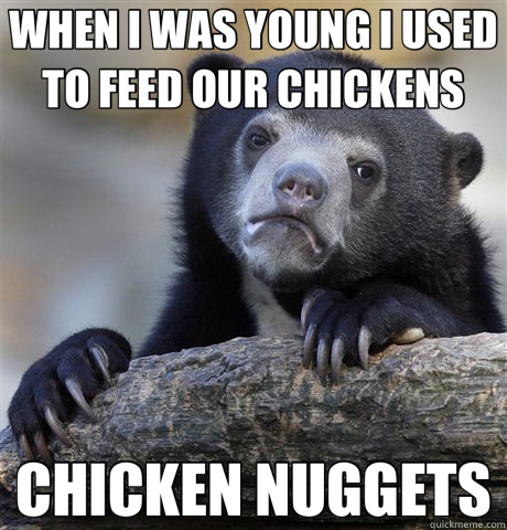 WHEN I WAS YOUNG I USED TO FEED OUR CHICKENS CHICKEN NUGGETS - WHEN I WAS YOUNG I USED TO FEED OUR CHICKENS CHICKEN NUGGETS  Confession Bear