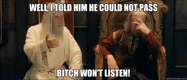 Well, I told him he could not pass bitch won't listen!  Annoyed Gandalf