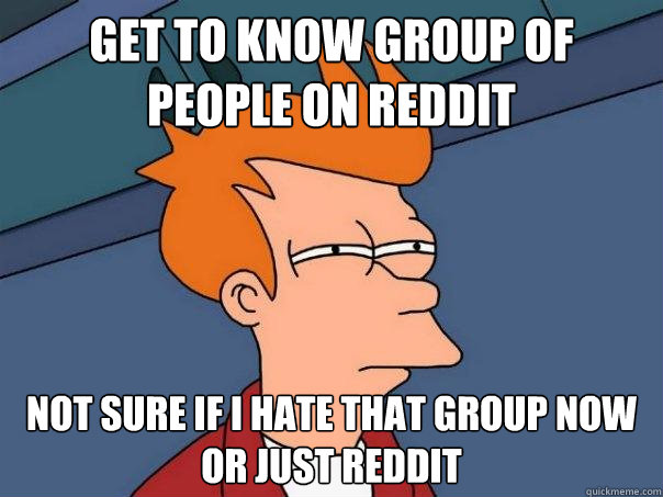 Get to know group of people on reddit Not sure if I hate that group now or just reddit  Futurama Fry