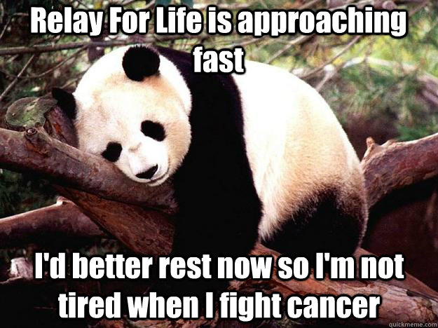 Relay For Life is approaching fast I'd better rest now so I'm not tired when I fight cancer  Procrastination Panda