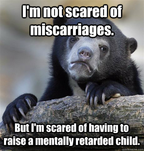 I'm not scared of miscarriages.  But I'm scared of having to raise a mentally retarded child.  - I'm not scared of miscarriages.  But I'm scared of having to raise a mentally retarded child.   Confession Bear