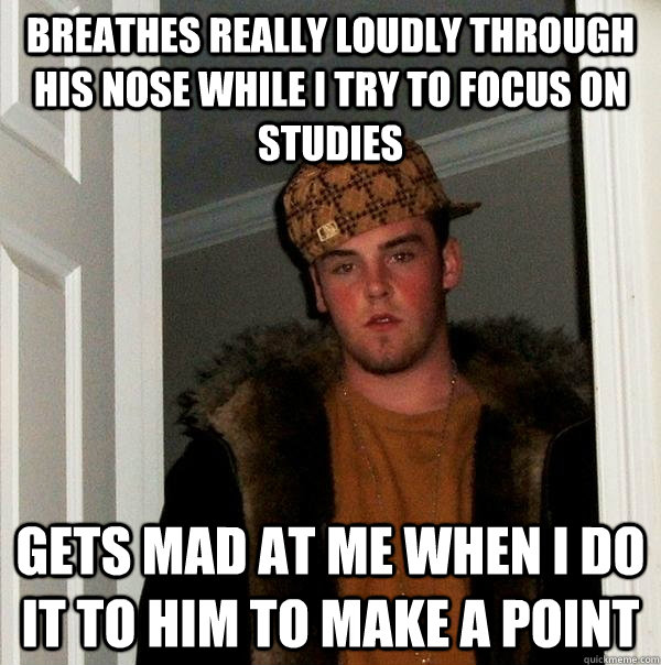 Breathes really loudly through his nose while I try to focus on studies Gets mad at me when I do it to him to make a point - Breathes really loudly through his nose while I try to focus on studies Gets mad at me when I do it to him to make a point  Scumbag Steve